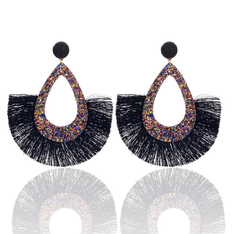 Wholesale Exaggerated Tassel Geometric Water Drop Hollow Diamond Earrings