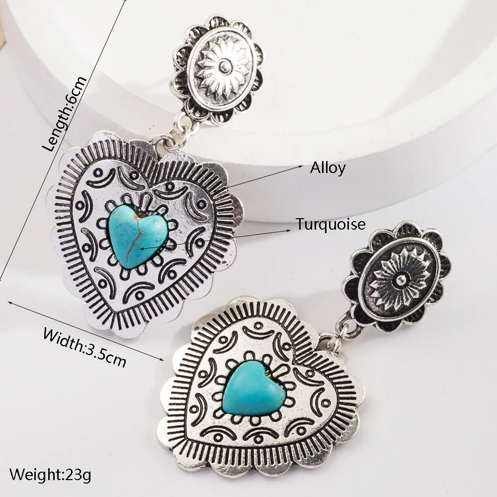 Wholesale Exaggerated turquoise retro heart earrings