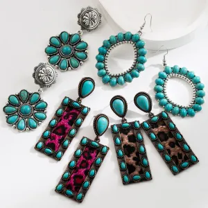 Wholesale Exaggerated Vintage Oval Turquoise Hollow Leopard Leather Earrings
