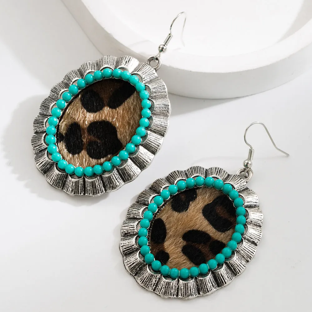 Wholesale Exaggerated Vintage Oval Turquoise Hollow Leopard Leather Earrings