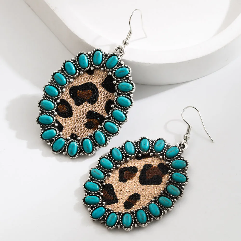 Wholesale Exaggerated Vintage Oval Turquoise Hollow Leopard Leather Earrings
