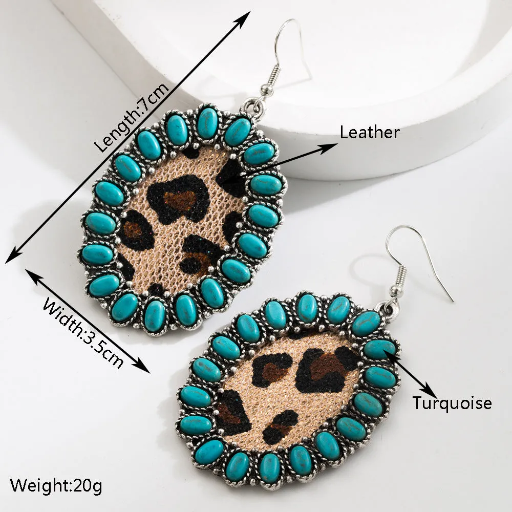 Wholesale Exaggerated Vintage Oval Turquoise Hollow Leopard Leather Earrings