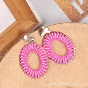 Wholesale Exaggerated Woven Rice Beads Geometric Raffia Earrings