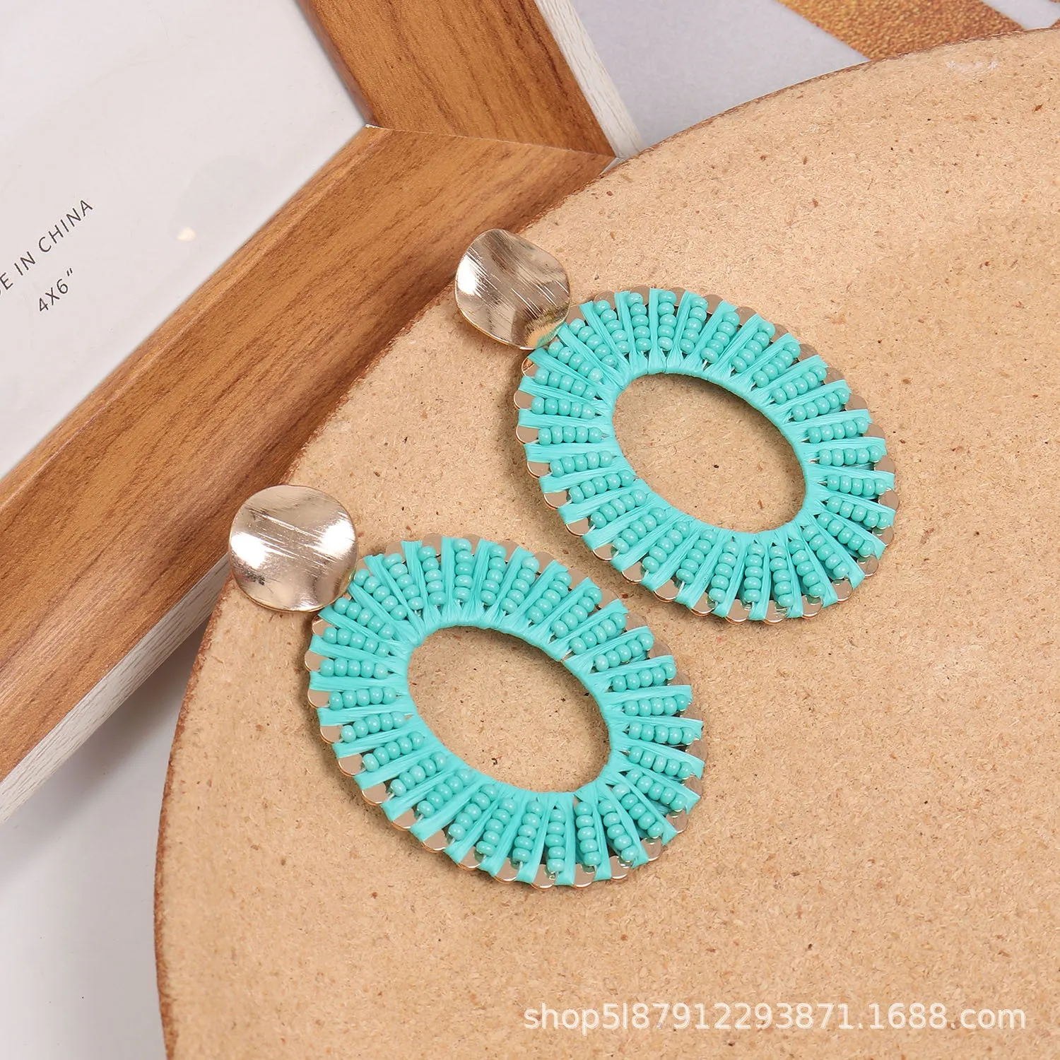 Wholesale Exaggerated Woven Rice Beads Geometric Raffia Earrings