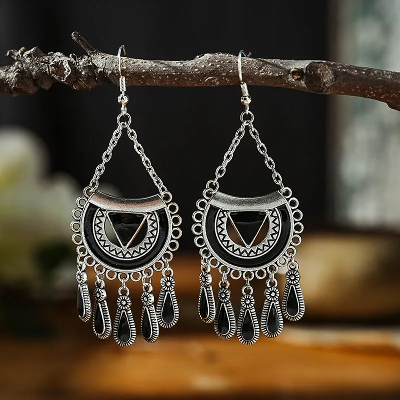 Wholesale Fan-shaped Chain Dripping Oil Retro Craft Multi-layer Alloy Earrings