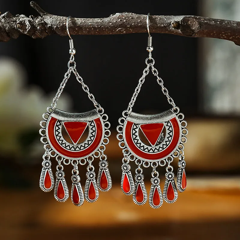 Wholesale Fan-shaped Chain Dripping Oil Retro Craft Multi-layer Alloy Earrings