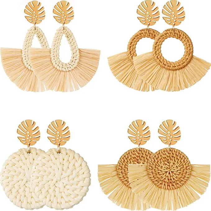 Wholesale Fashion Creative Hand-woven Rattan Vintage Tassel Earrings