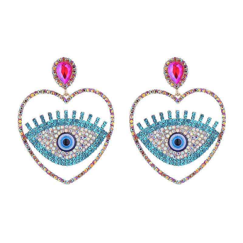 Wholesale Fashion Diamond Heart Evil Eye Exaggerated Earrings