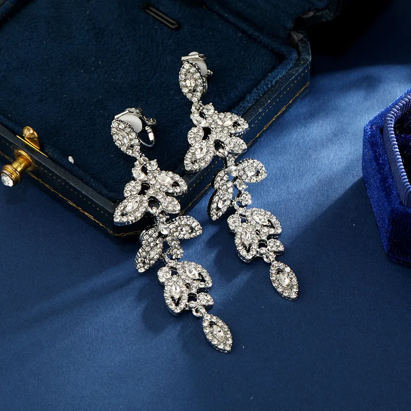 Wholesale Fashion Exaggerated Alloy Diamond Leaf Long Clip Earrings