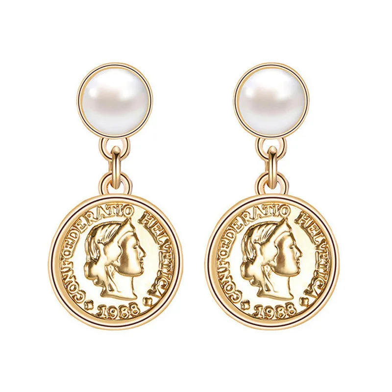 Wholesale Fashion Exaggerated Retro Alloy Pearl Portrait Earrings