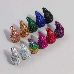 Wholesale Fashion Full Diamond Water Drop Gradient Color Metal Earrings