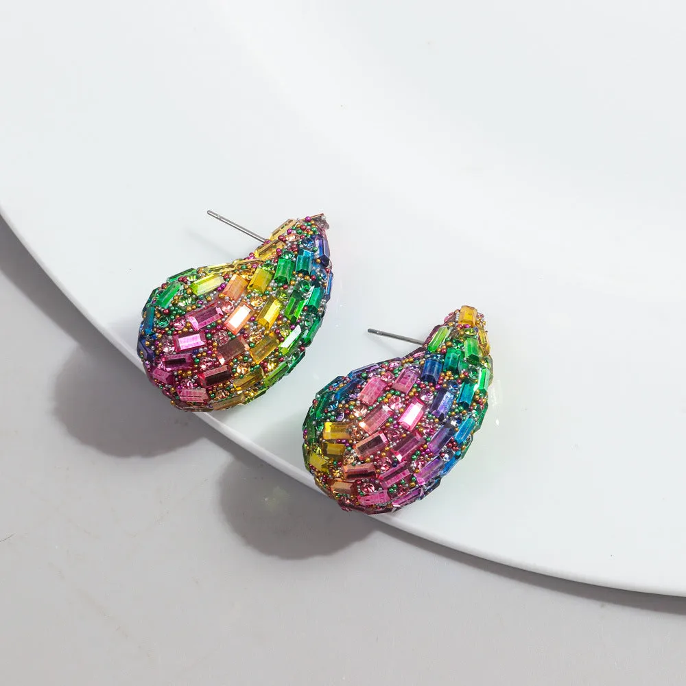 Wholesale Fashion Full Diamond Water Drop Gradient Color Metal Earrings