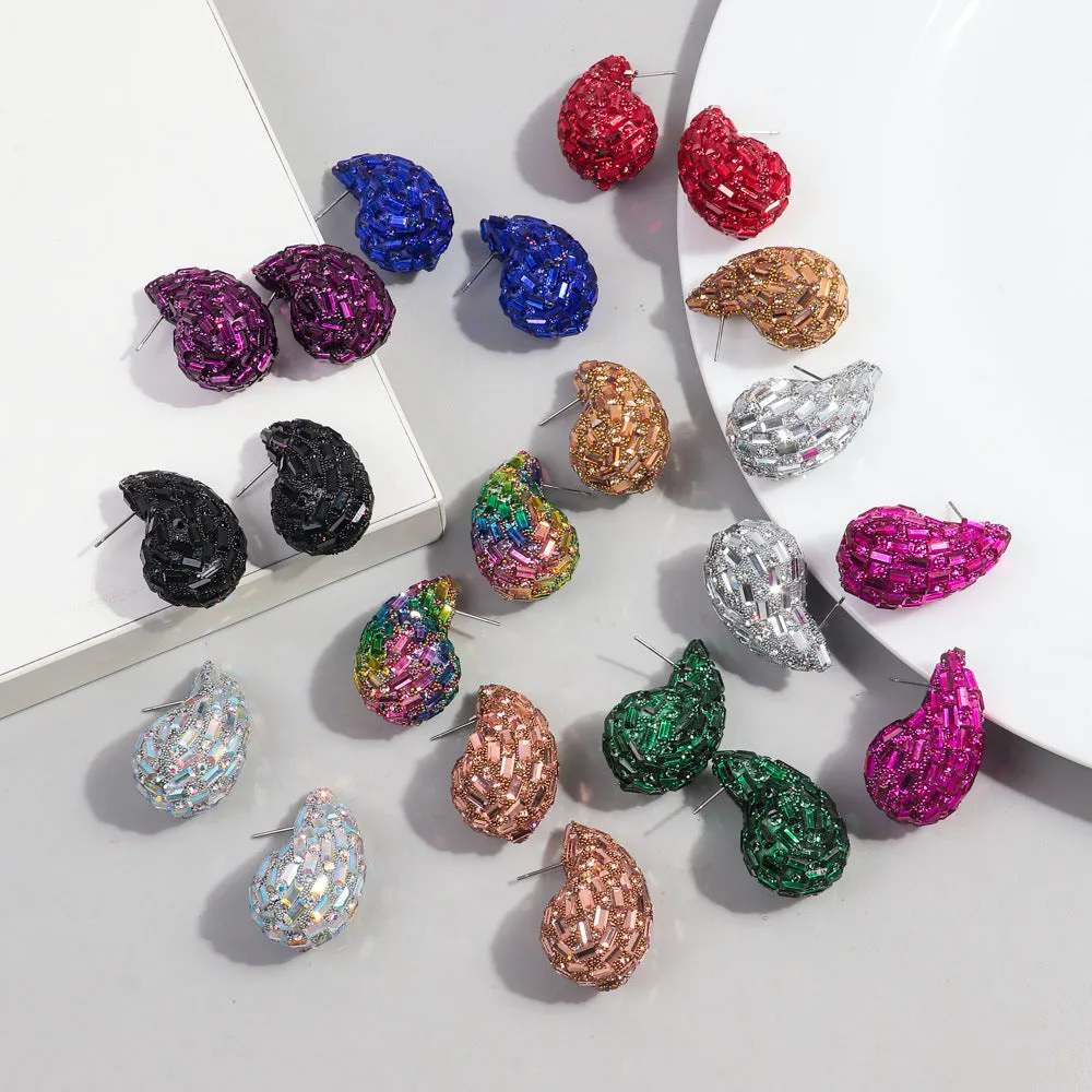 Wholesale Fashion Full Diamond Water Drop Gradient Color Metal Earrings