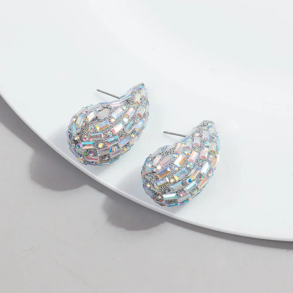 Wholesale Fashion Full Diamond Water Drop Gradient Color Metal Earrings