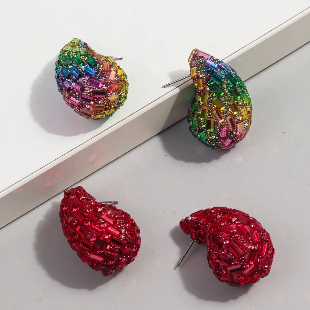 Wholesale Fashion Full Diamond Water Drop Gradient Color Metal Earrings