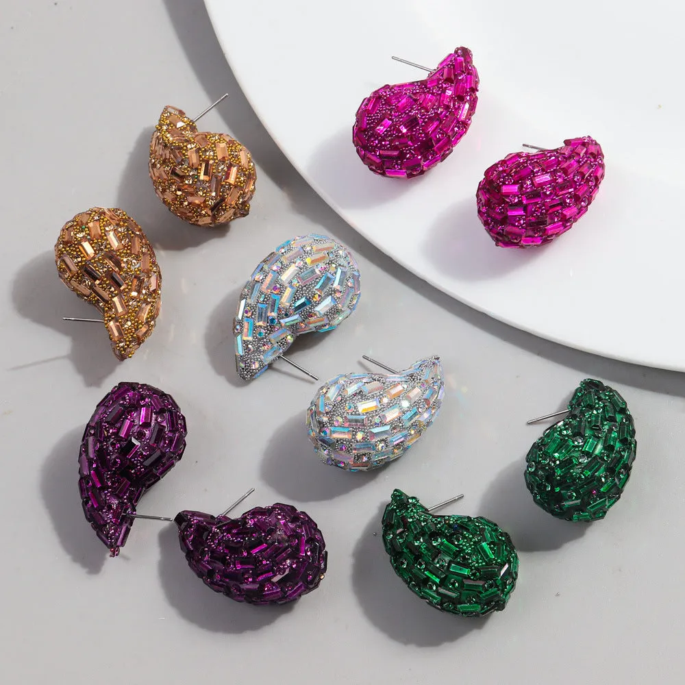 Wholesale Fashion Full Diamond Water Drop Gradient Color Metal Earrings