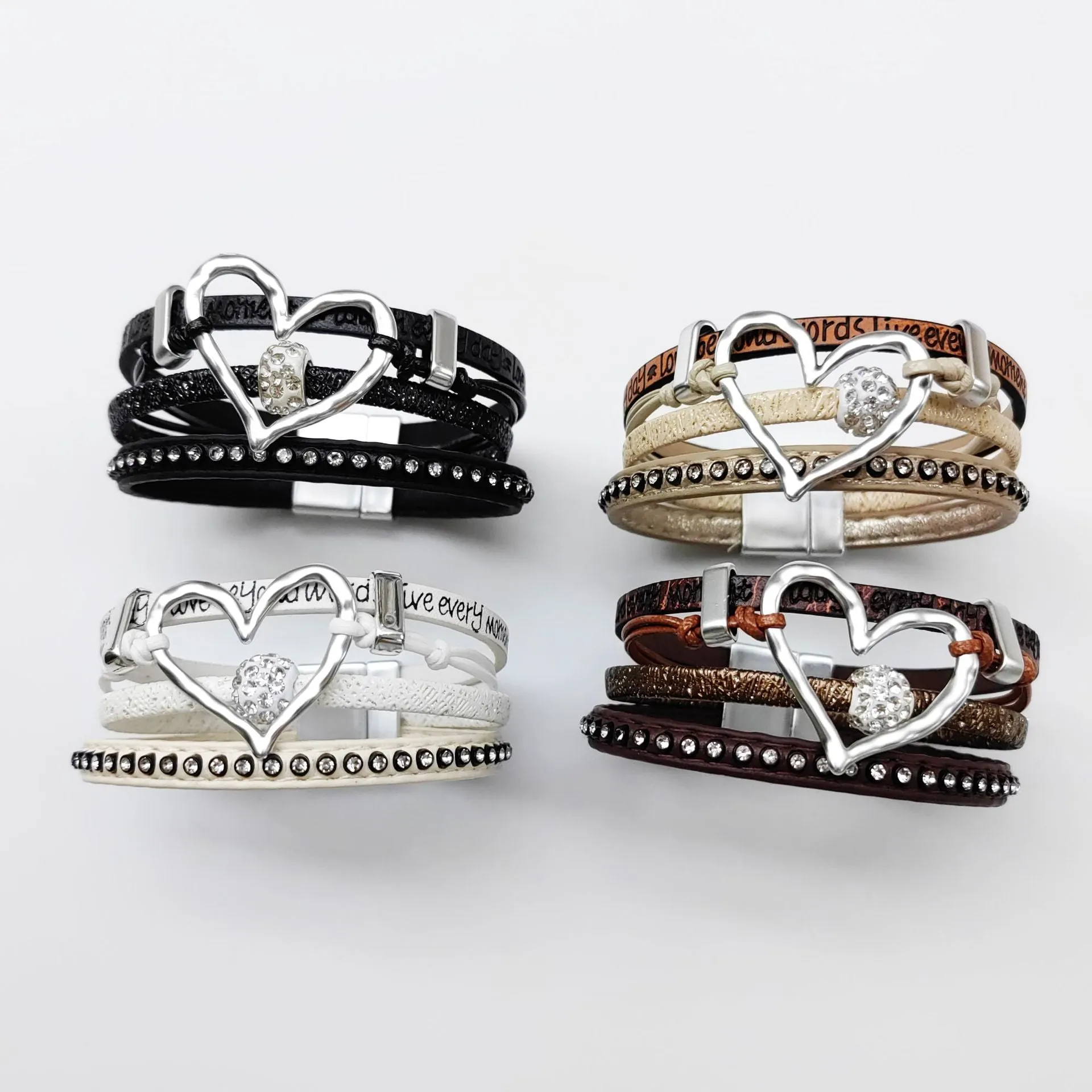 Wholesale Fashion Hollow Heart Leather Diamond Magnetic Buckle Retro Multi-layer Bracelet