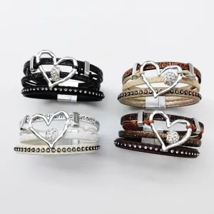 Wholesale Fashion Hollow Heart Leather Diamond Magnetic Buckle Retro Multi-layer Bracelet