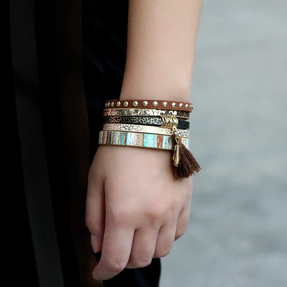 Wholesale Fashion Multi-layer Tassel Leather Magnetic Buckle Bracelet
