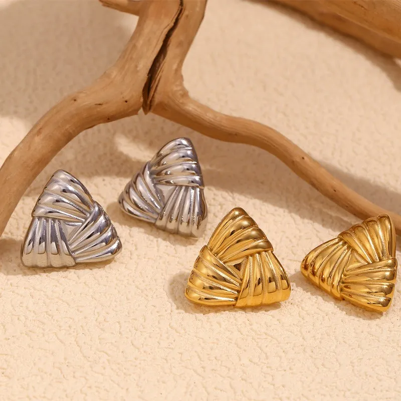 Wholesale Fashion Niche Temperament Retro Stainless Steel Plated 18K Gold Casting Stripes Wrapped Triangle Earrings