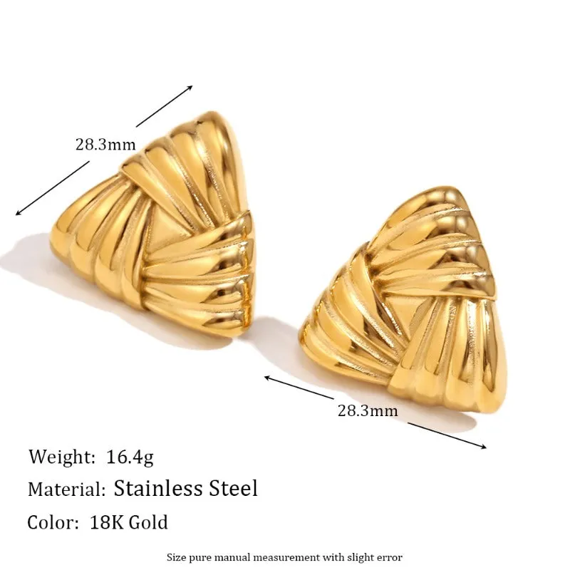 Wholesale Fashion Niche Temperament Retro Stainless Steel Plated 18K Gold Casting Stripes Wrapped Triangle Earrings