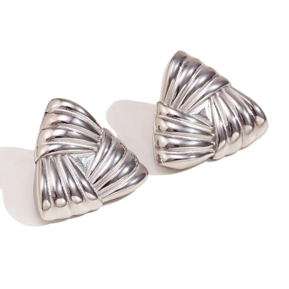 Wholesale Fashion Niche Temperament Retro Stainless Steel Plated 18K Gold Casting Stripes Wrapped Triangle Earrings