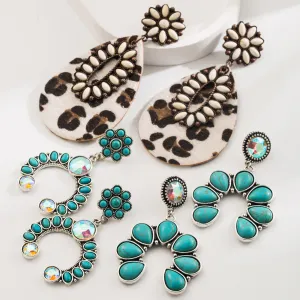 Wholesale Fashion Retro Turquoise Earrings High Sense Bohemian Leopard Leather Exaggerated Earrings