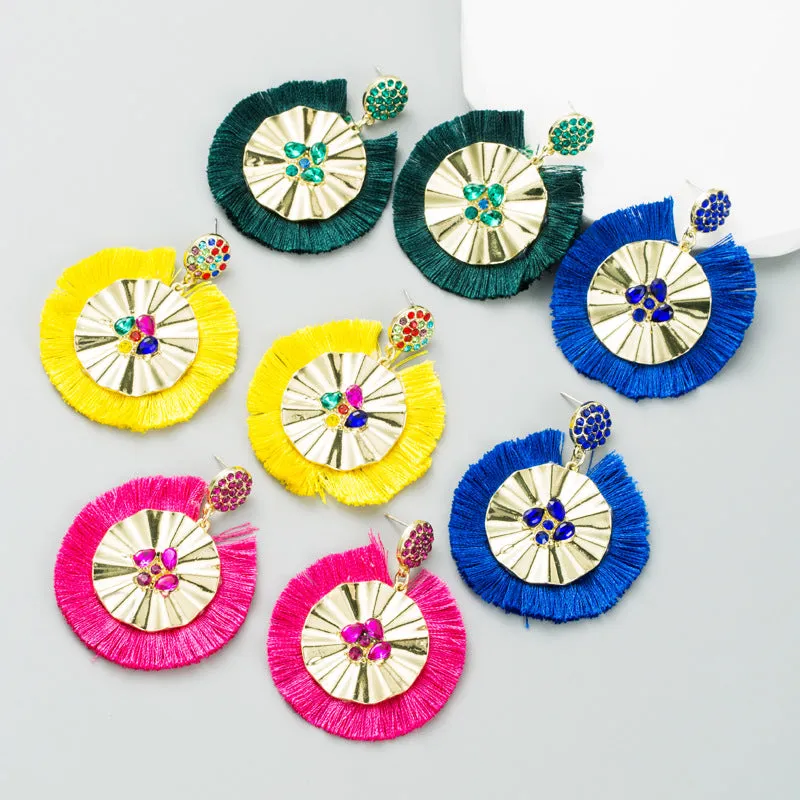 Wholesale Fashion Tassel Inlaid Colorful Rhinestone Hoop Earrings