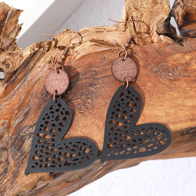 Wholesale Fashion Valentine's Day Heart Wood Hollow Mesh Leather Earrings