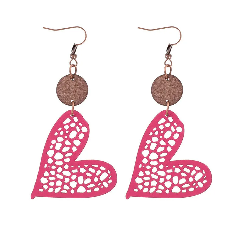 Wholesale Fashion Valentine's Day Heart Wood Hollow Mesh Leather Earrings