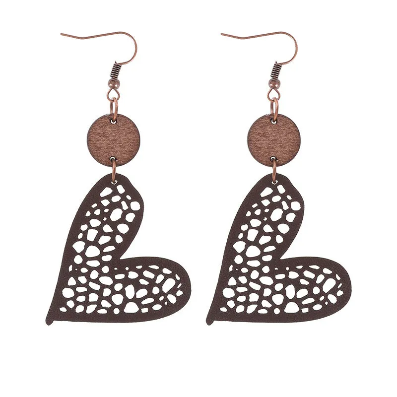 Wholesale Fashion Valentine's Day Heart Wood Hollow Mesh Leather Earrings