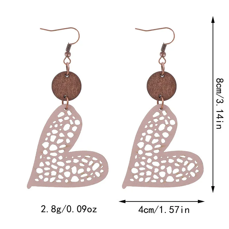 Wholesale Fashion Valentine's Day Heart Wood Hollow Mesh Leather Earrings