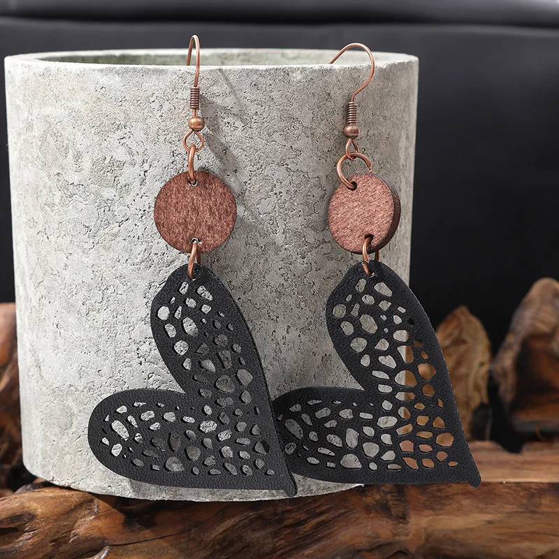 Wholesale Fashion Valentine's Day Heart Wood Hollow Mesh Leather Earrings