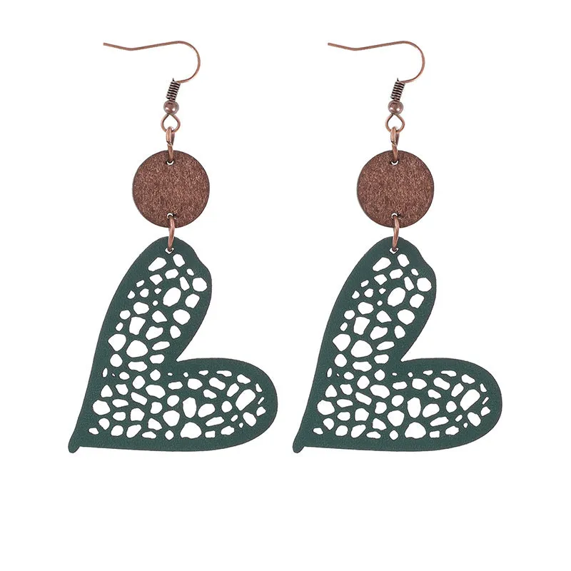 Wholesale Fashion Valentine's Day Heart Wood Hollow Mesh Leather Earrings