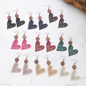 Wholesale Fashion Valentine's Day Heart Wood Hollow Mesh Leather Earrings