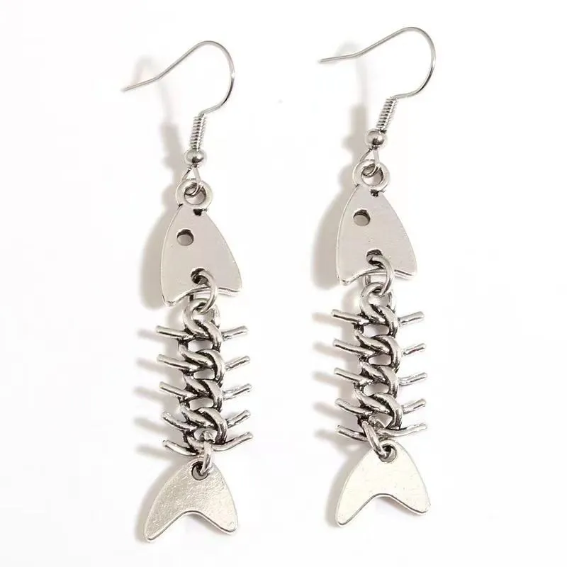 Wholesale Fashionable and Cool Fishbone Necklace Set Simple Personality Versatile Ancient Silver Earrings