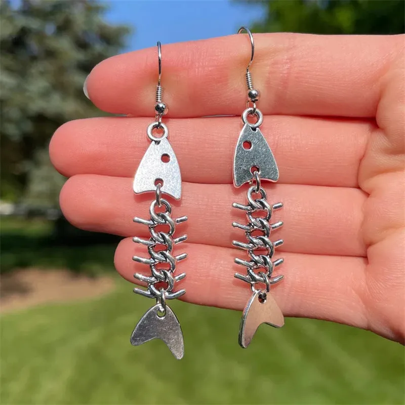 Wholesale Fashionable and Cool Fishbone Necklace Set Simple Personality Versatile Ancient Silver Earrings