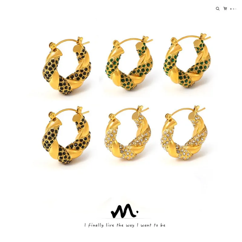 Wholesale Fashionable and Simple U-shaped Titanium Steel Inlaid Zircon Twisted Non-fading Light Luxury Temperament Earrings
