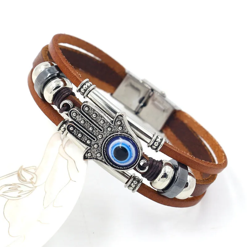 Wholesale Fatima Palm Devil Eyes Beaded Multi Layer Braided Stainless Steel Bracelet