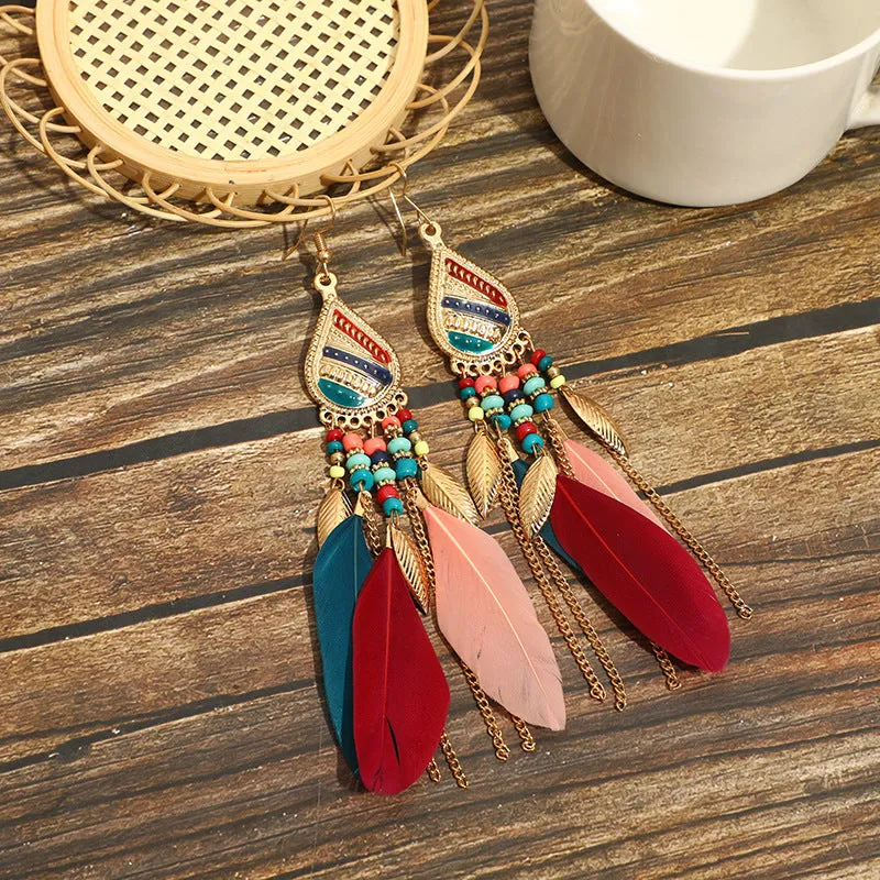 Wholesale Feather Bohemian Long Tassel Earrings