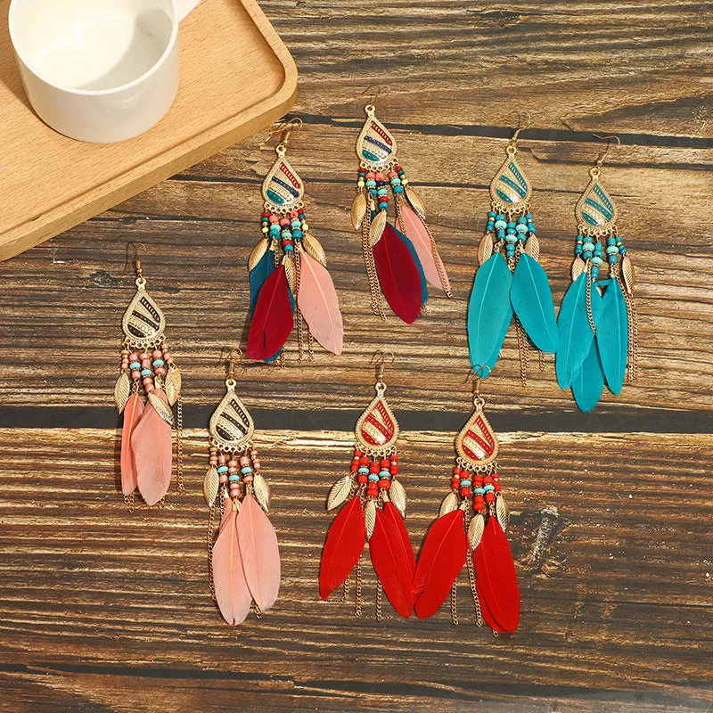Wholesale Feather Bohemian Long Tassel Earrings