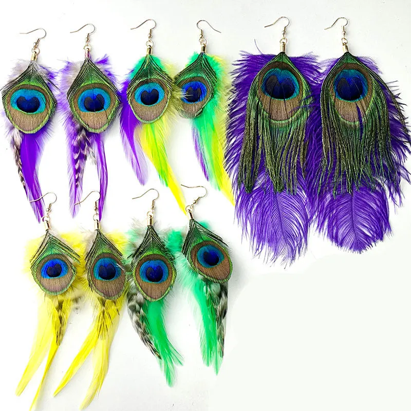 Wholesale Feather Purple Yellow Green Peacock Feather Wild Atmosphere Earrings