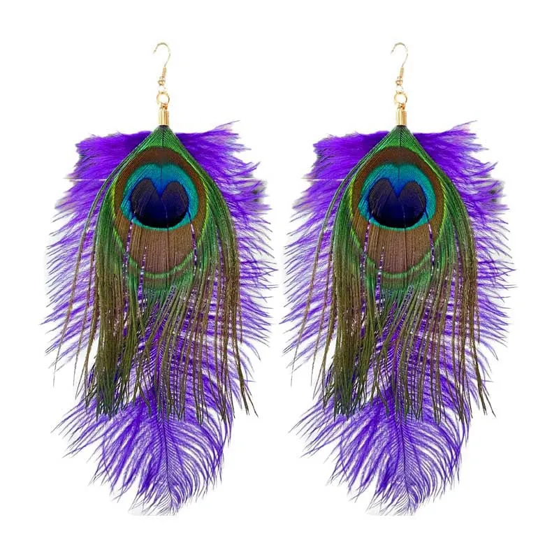Wholesale Feather Purple Yellow Green Peacock Feather Wild Atmosphere Earrings