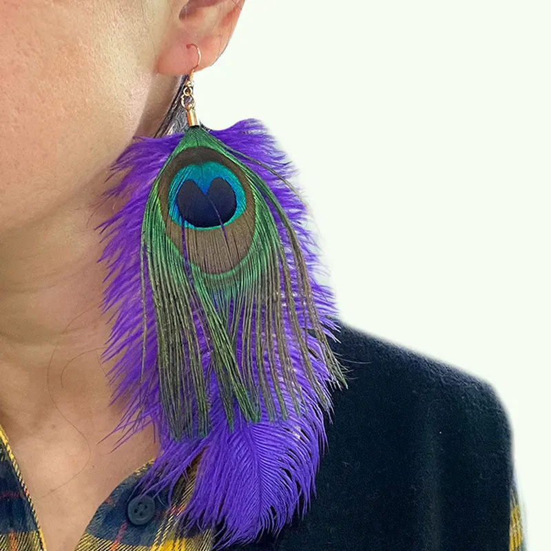 Wholesale Feather Purple Yellow Green Peacock Feather Wild Atmosphere Earrings