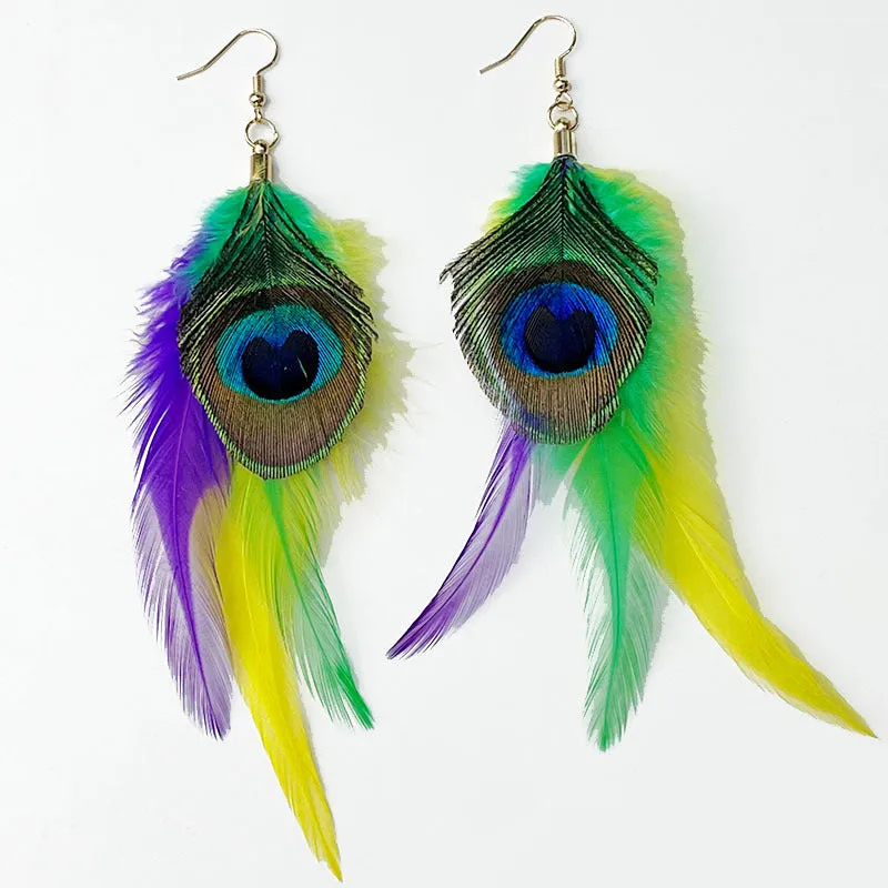Wholesale Feather Purple Yellow Green Peacock Feather Wild Atmosphere Earrings
