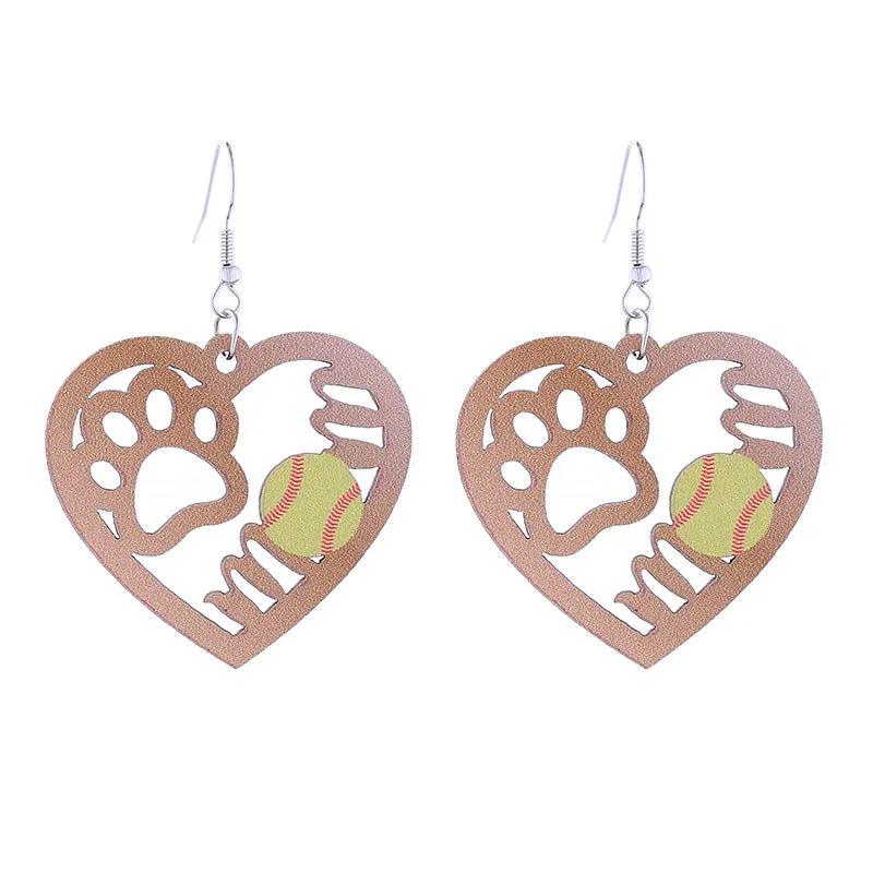 Wholesale Flame Super Rugby Baseball Sports Style Wooden Hollow Earrings