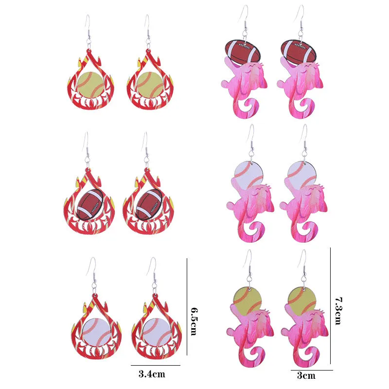 Wholesale Flame Super Rugby Baseball Sports Style Wooden Hollow Earrings