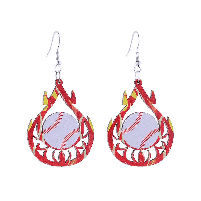 Wholesale Flame Super Rugby Baseball Sports Style Wooden Hollow Earrings