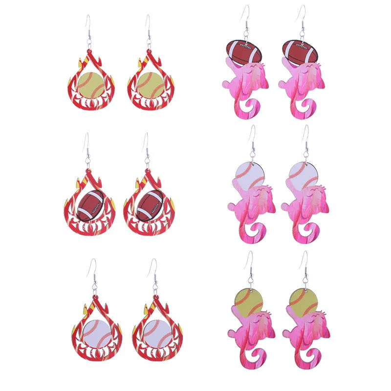 Wholesale Flame Super Rugby Baseball Sports Style Wooden Hollow Earrings