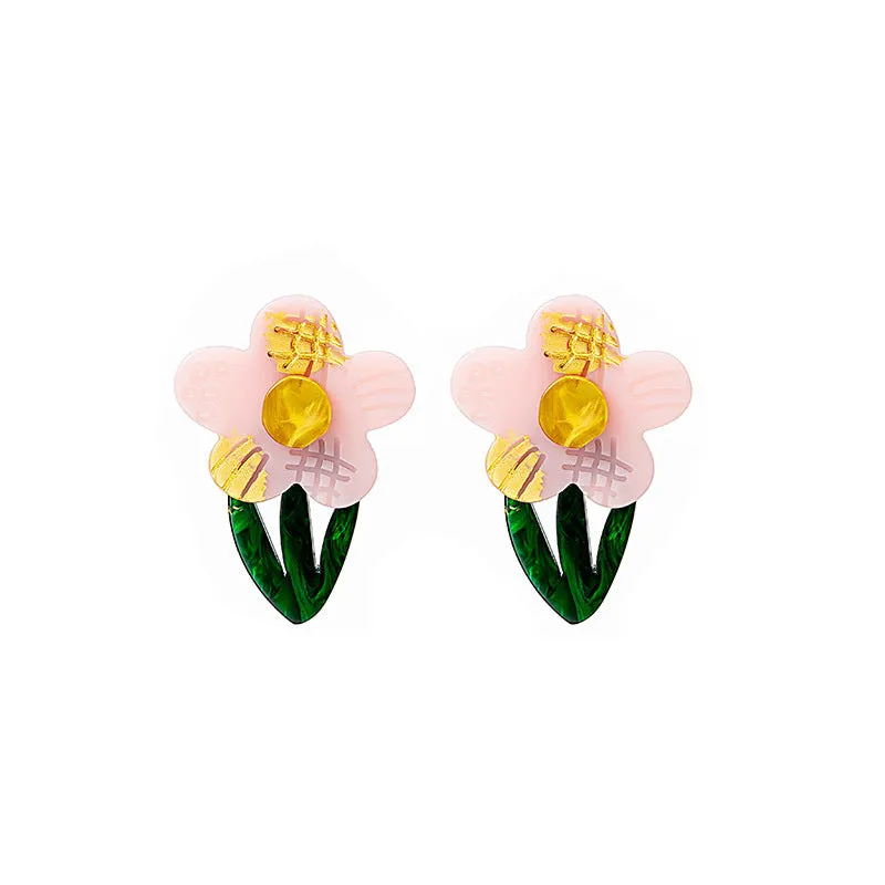 Wholesale Flower and Leaf Oil Painting Silver Needle Acrylic Earrings